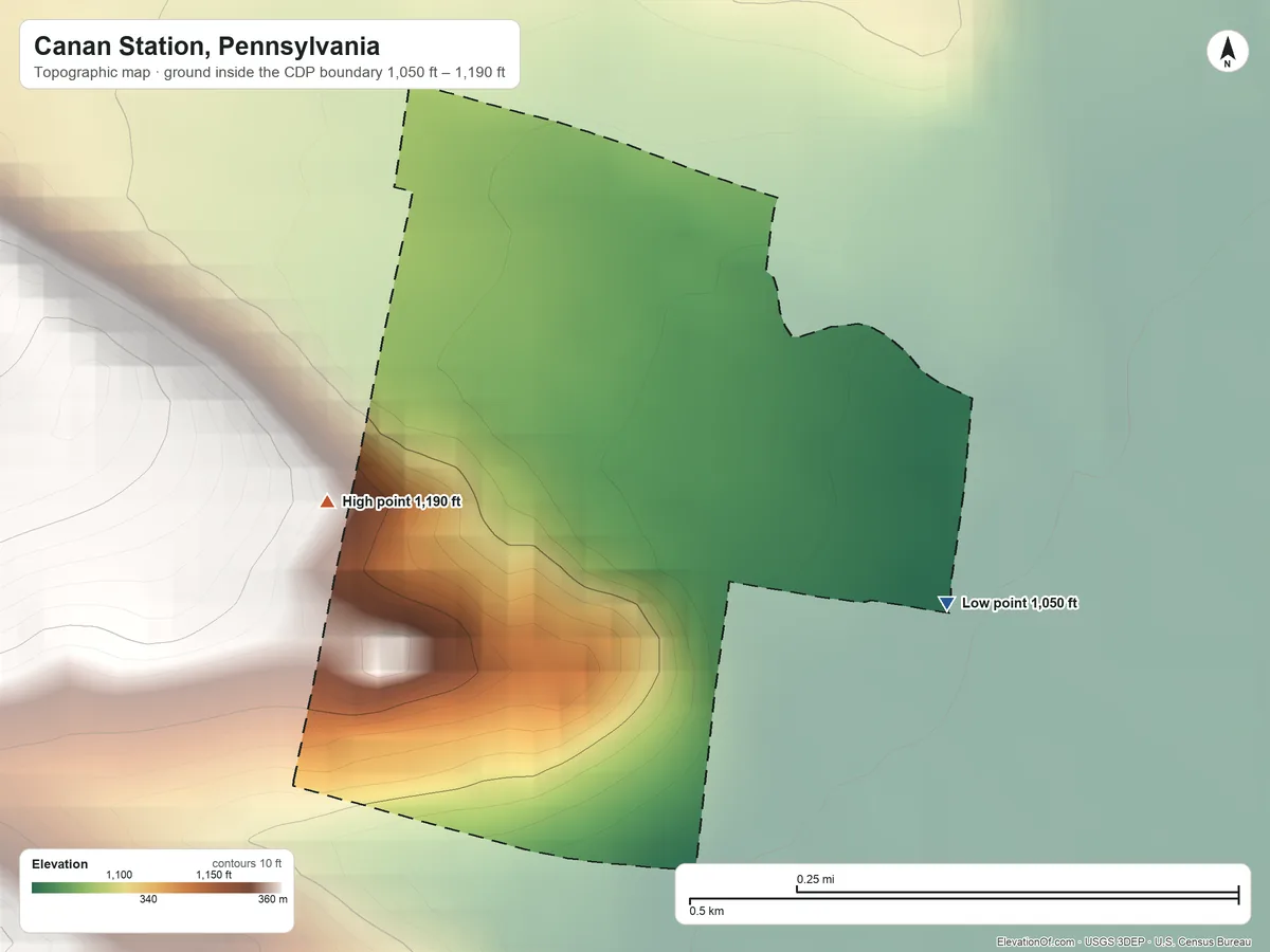Topographic elevation map of Canan Station, Pennsylvania, shaded from 1,050 ft on the southeast side to 1,190 ft on the west edge, below higher ground just outside