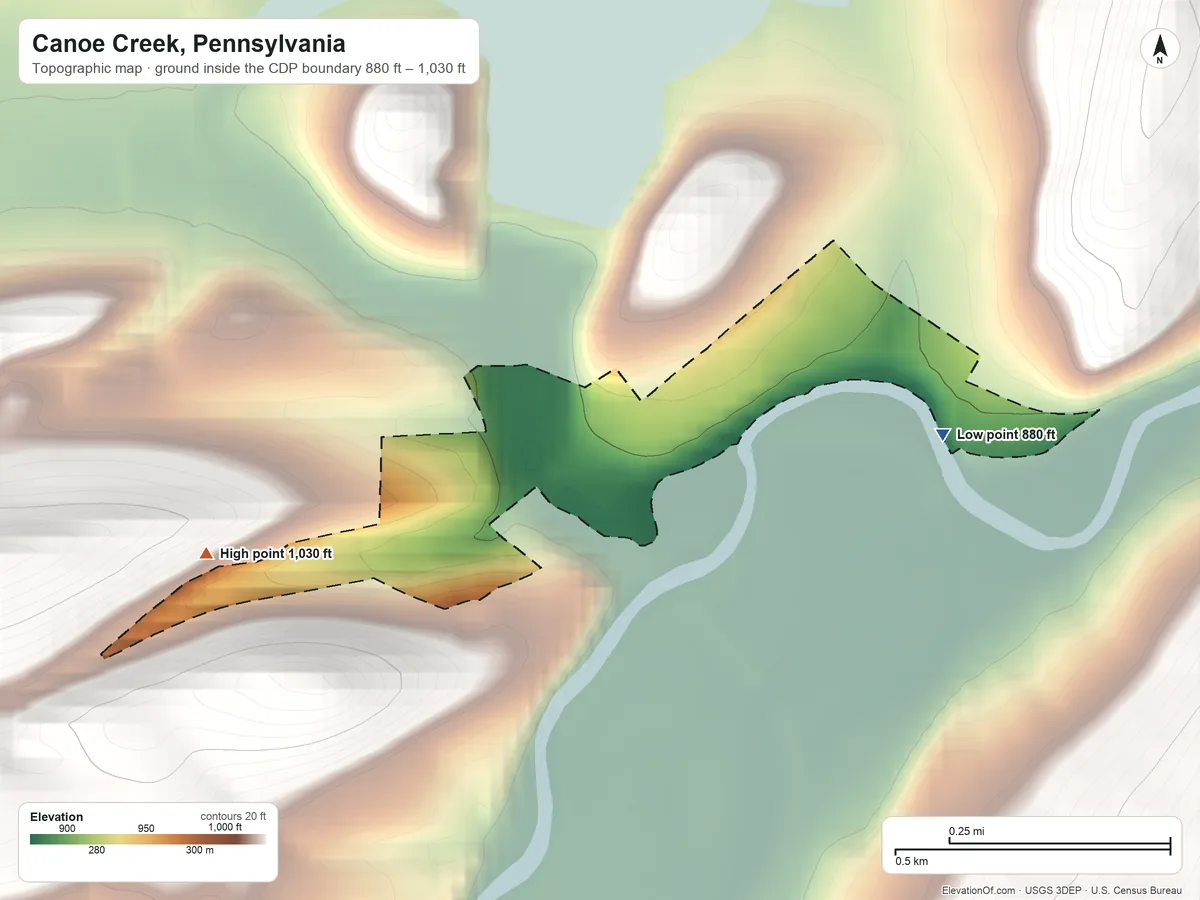 Topographic elevation map of Canoe Creek, Pennsylvania, shaded from 880 ft on the east side to 1,030 ft on the west edge, below higher ground just outside