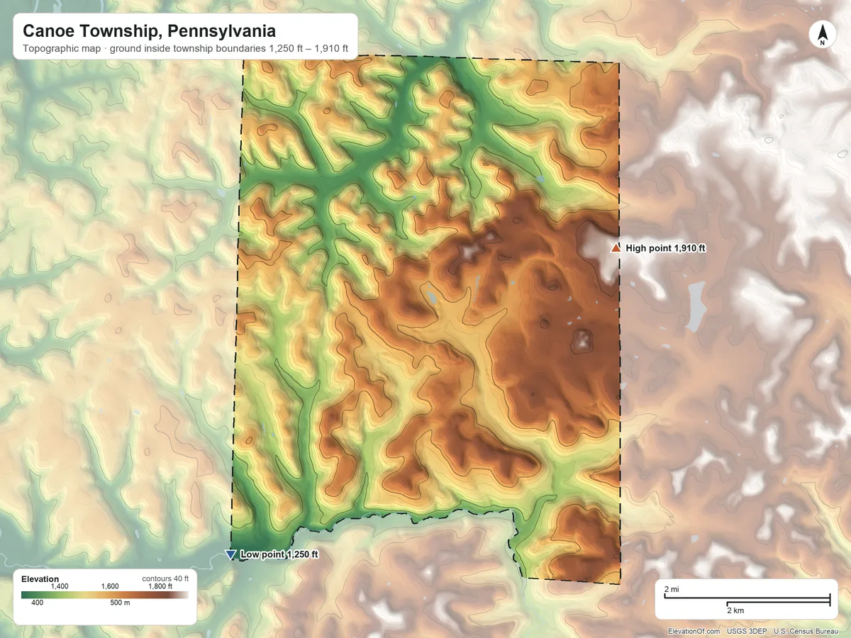 Topographic elevation map of Canoe Township, Pennsylvania, shaded from 1,250 ft on the southwest side to 1,910 ft on the east side