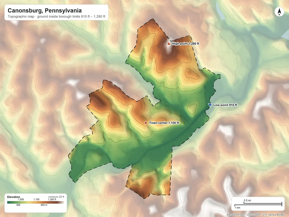 Topographic elevation map of Canonsburg, Pennsylvania, shaded from 910 ft on the east side to 1,280 ft on the north side