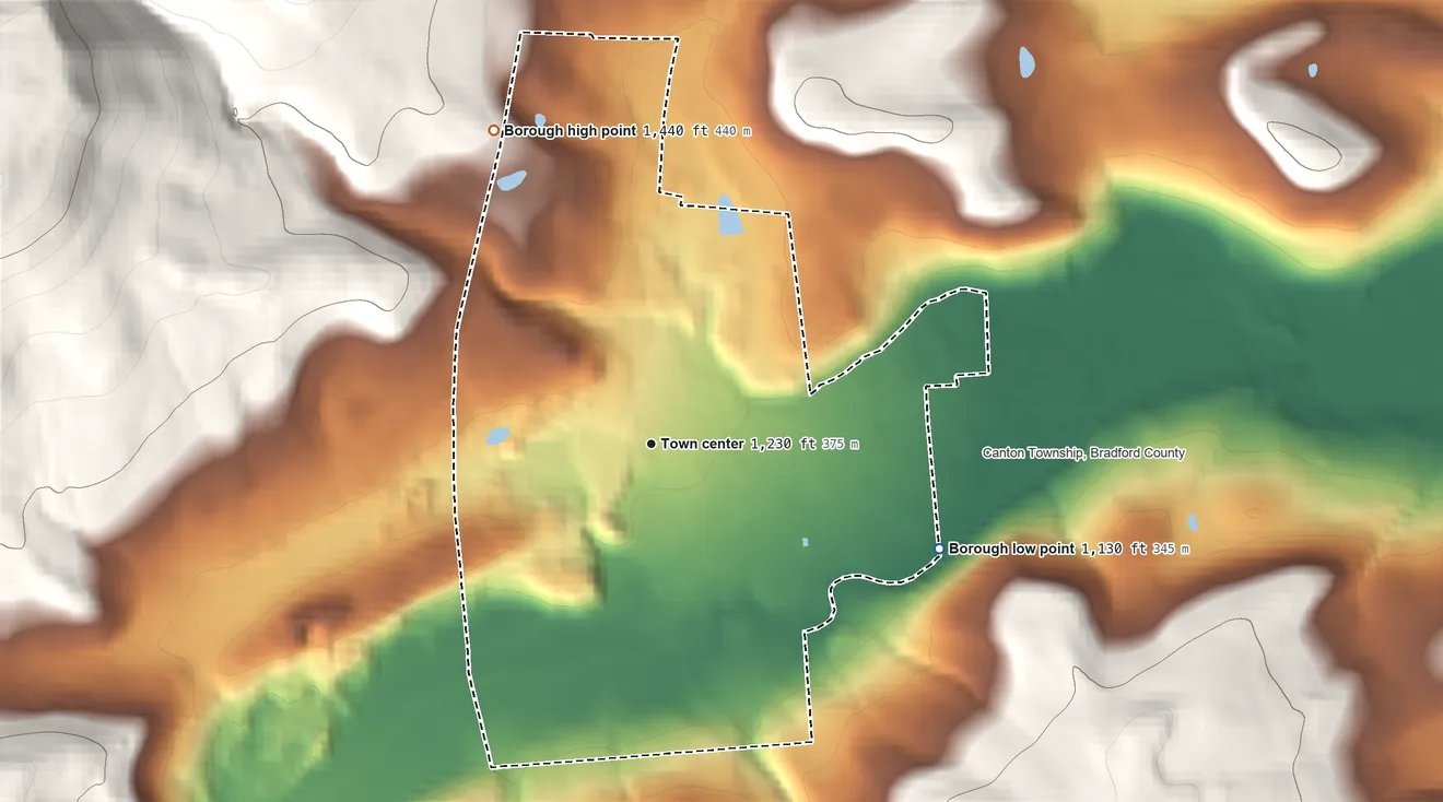 Topographic elevation map of Canton, Pennsylvania, shaded from 1,130 ft on the east side to 1,440 ft on the northwest edge, below higher ground just outside
