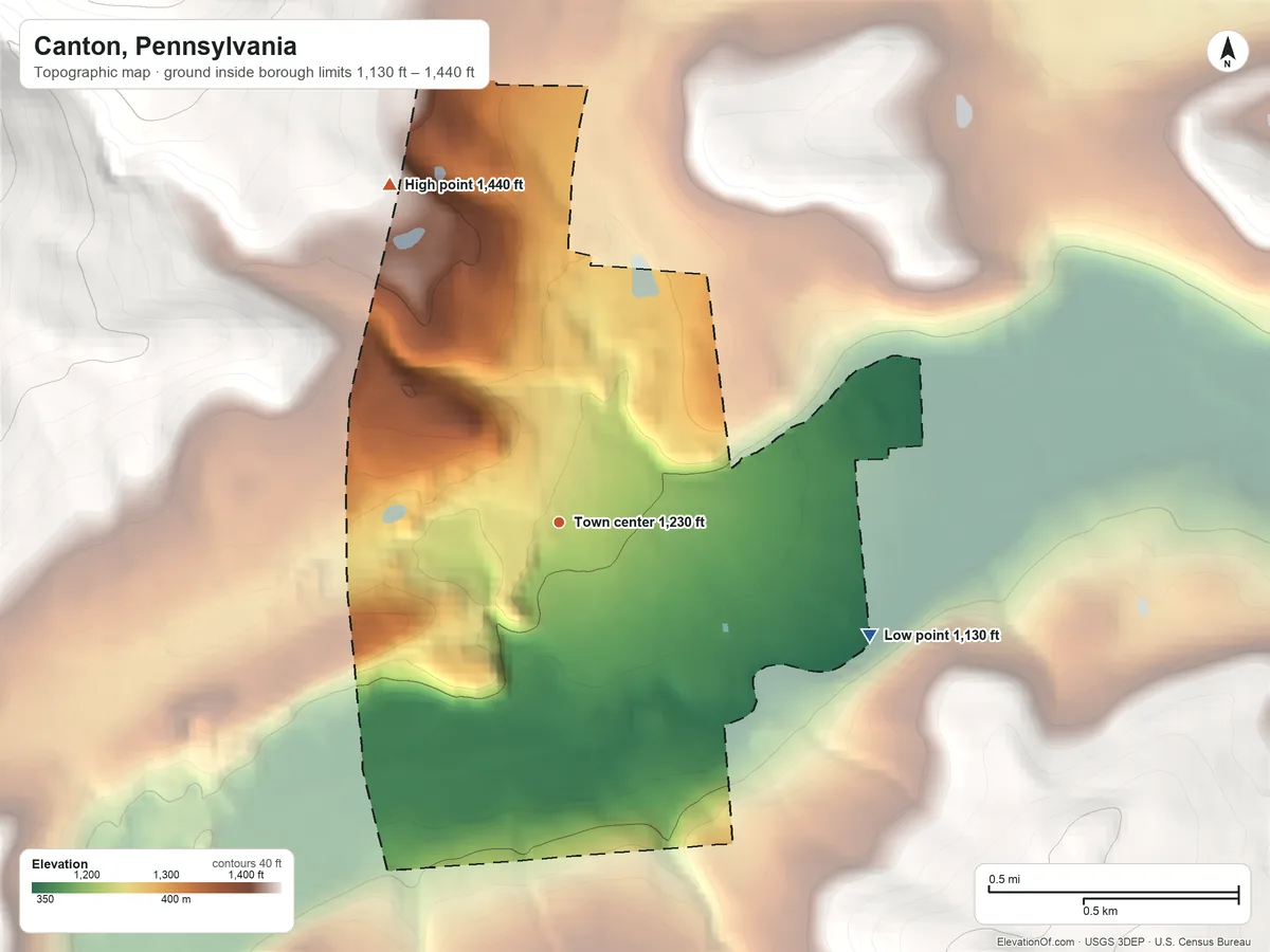 Topographic elevation map of Canton, Pennsylvania, shaded from 1,130 ft on the east side to 1,440 ft on the northwest edge, below higher ground just outside