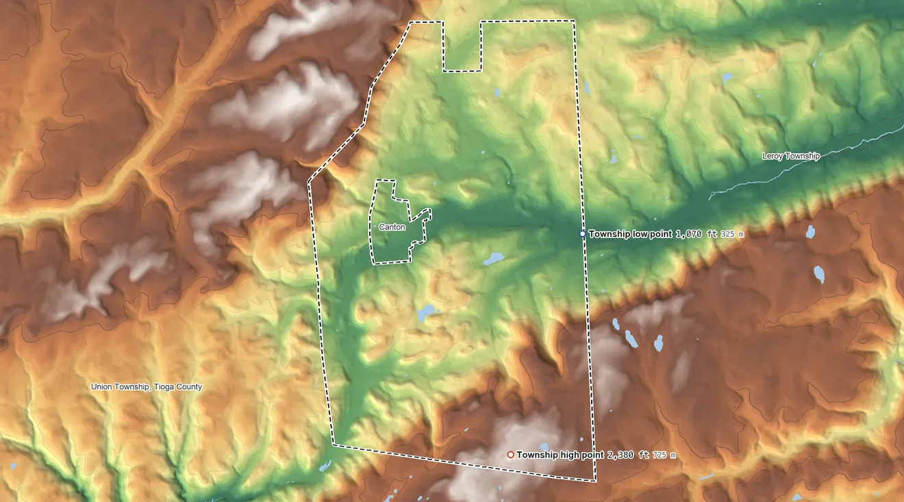 Topographic elevation map of Canton Township, Bradford County, Pennsylvania, shaded from 1,070 ft on the east side to 2,380 ft on the south side