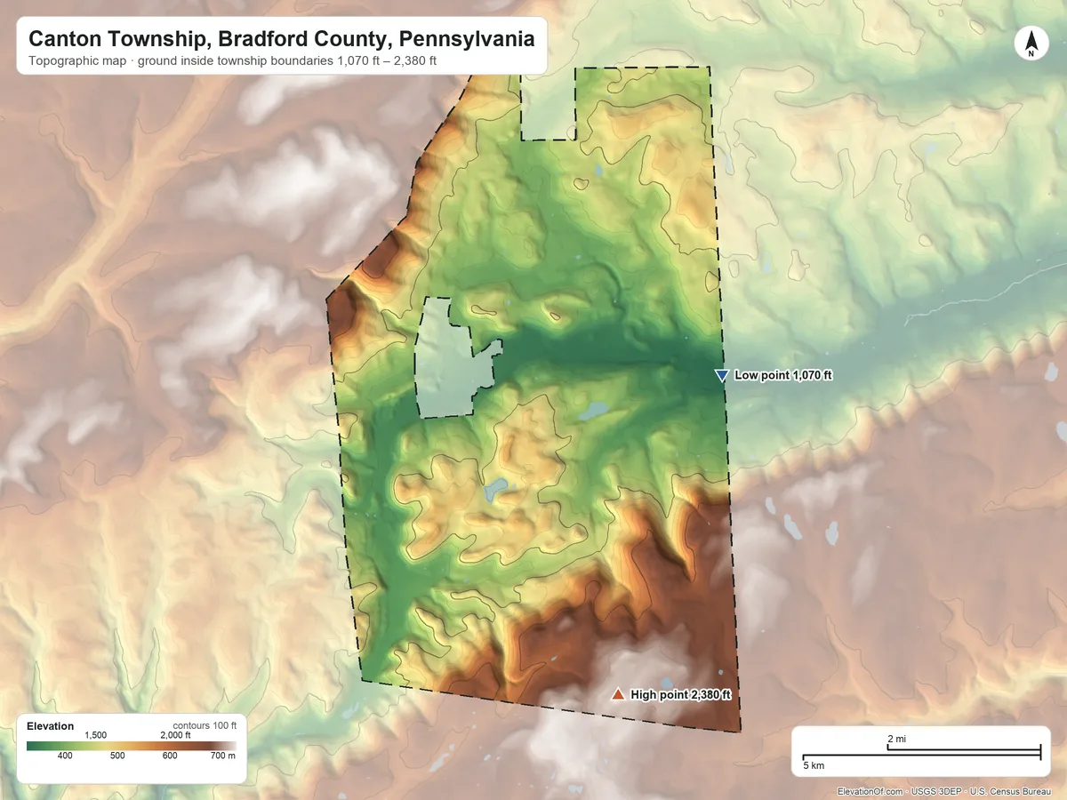 Topographic elevation map of Canton Township, Bradford County, Pennsylvania, shaded from 1,070 ft on the east side to 2,380 ft on the south side