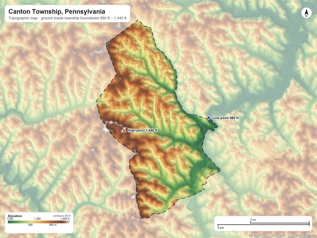 Topographic elevation map of Canton Township, Pennsylvania, shaded from 980 ft on the northeast side to 1,440 ft on the west side