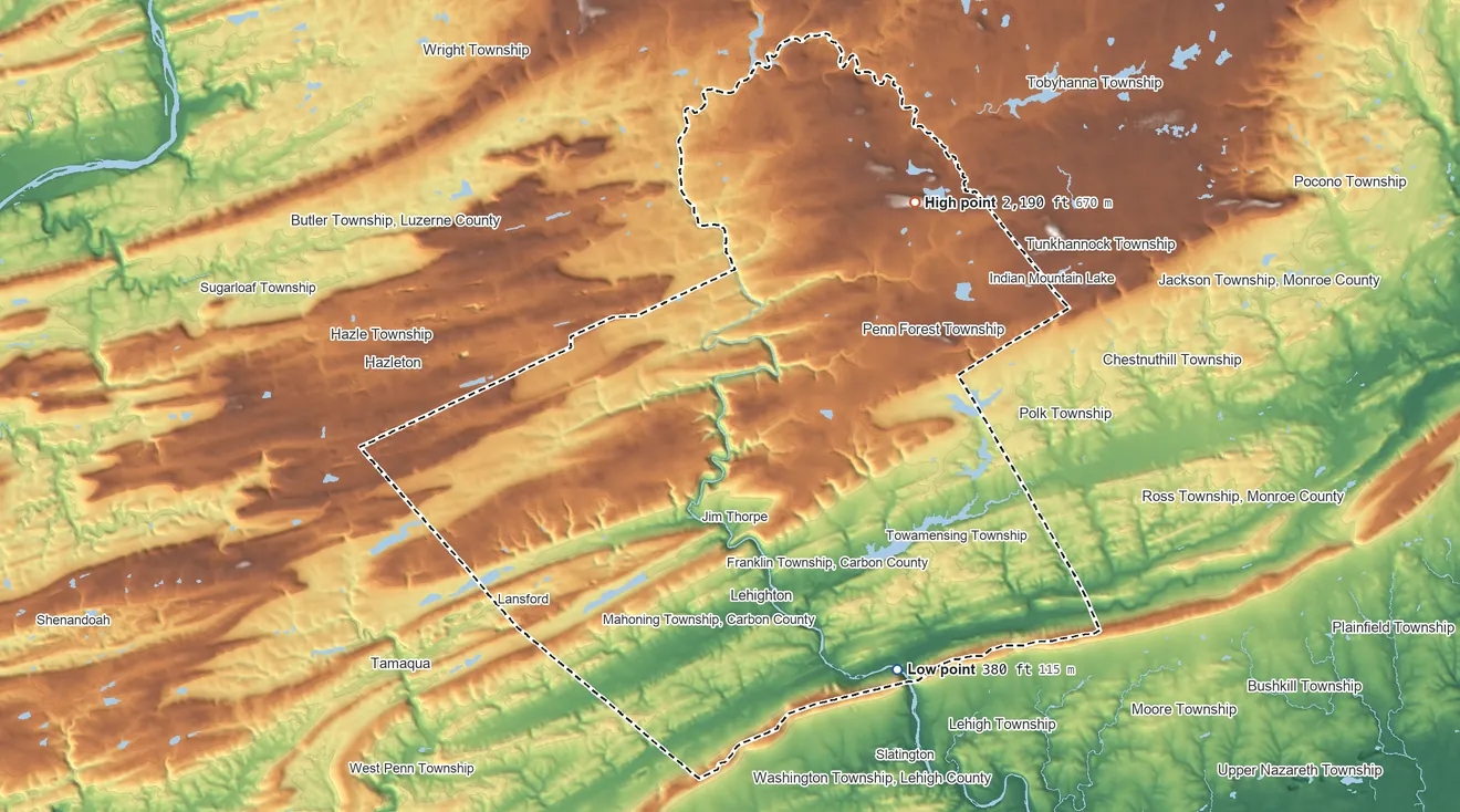 Topographic elevation map of Carbon County, Pennsylvania, shaded from 380 ft on the southeast side to 2,190 ft on Lake Mountain