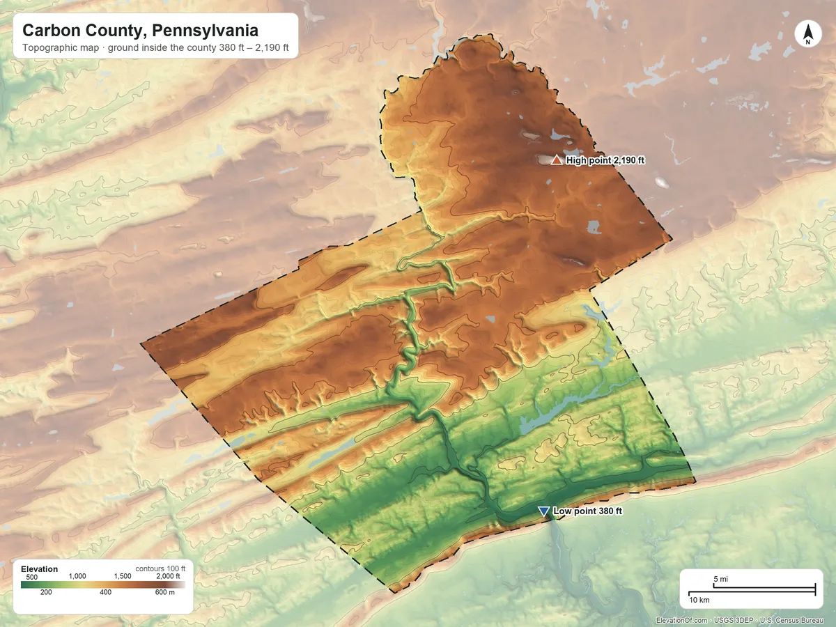 Topographic elevation map of Carbon County, Pennsylvania, shaded from 380 ft on the southeast side to 2,190 ft on Lake Mountain