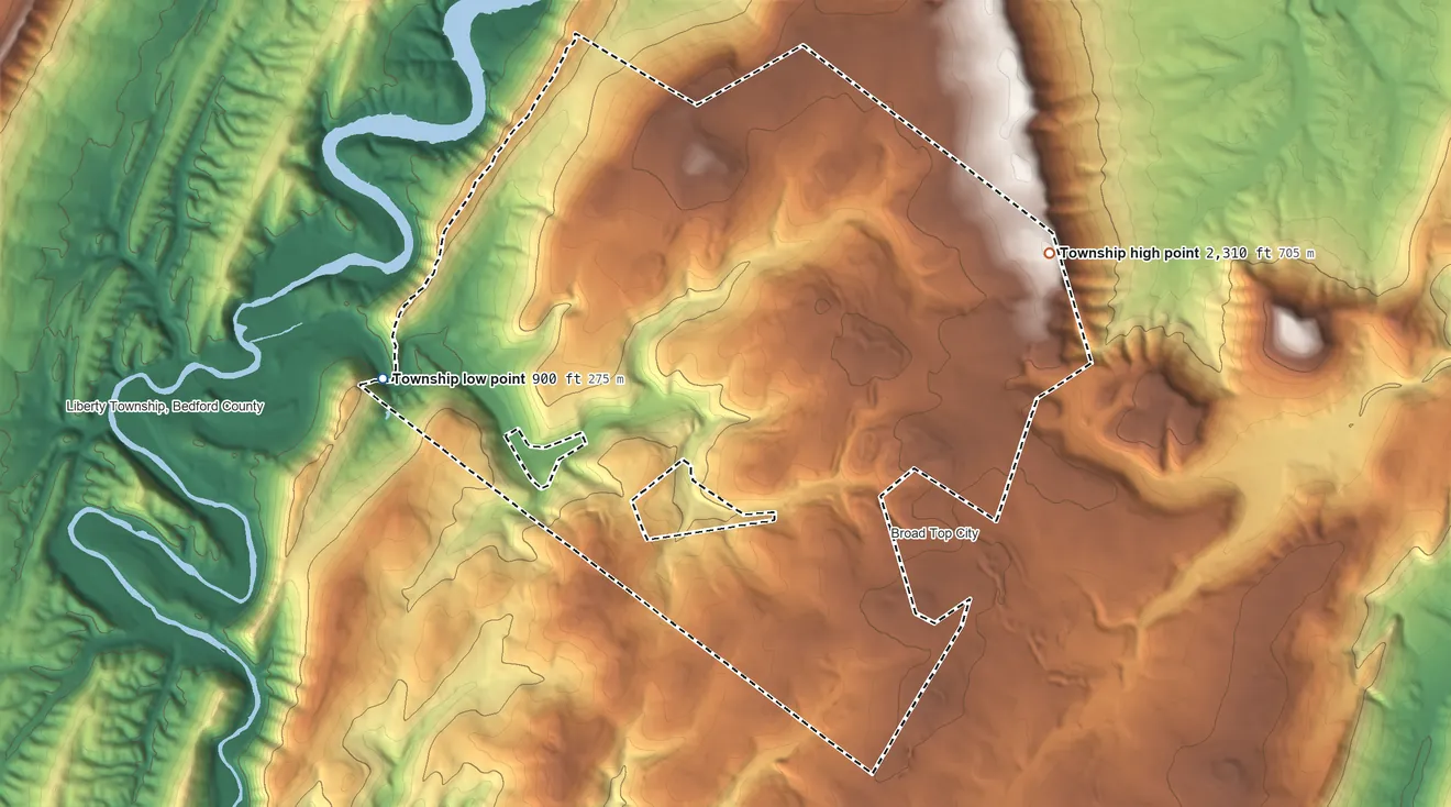 Topographic elevation map of Carbon Township, Pennsylvania, shaded from 900 ft on the west side to 2,310 ft on the east side