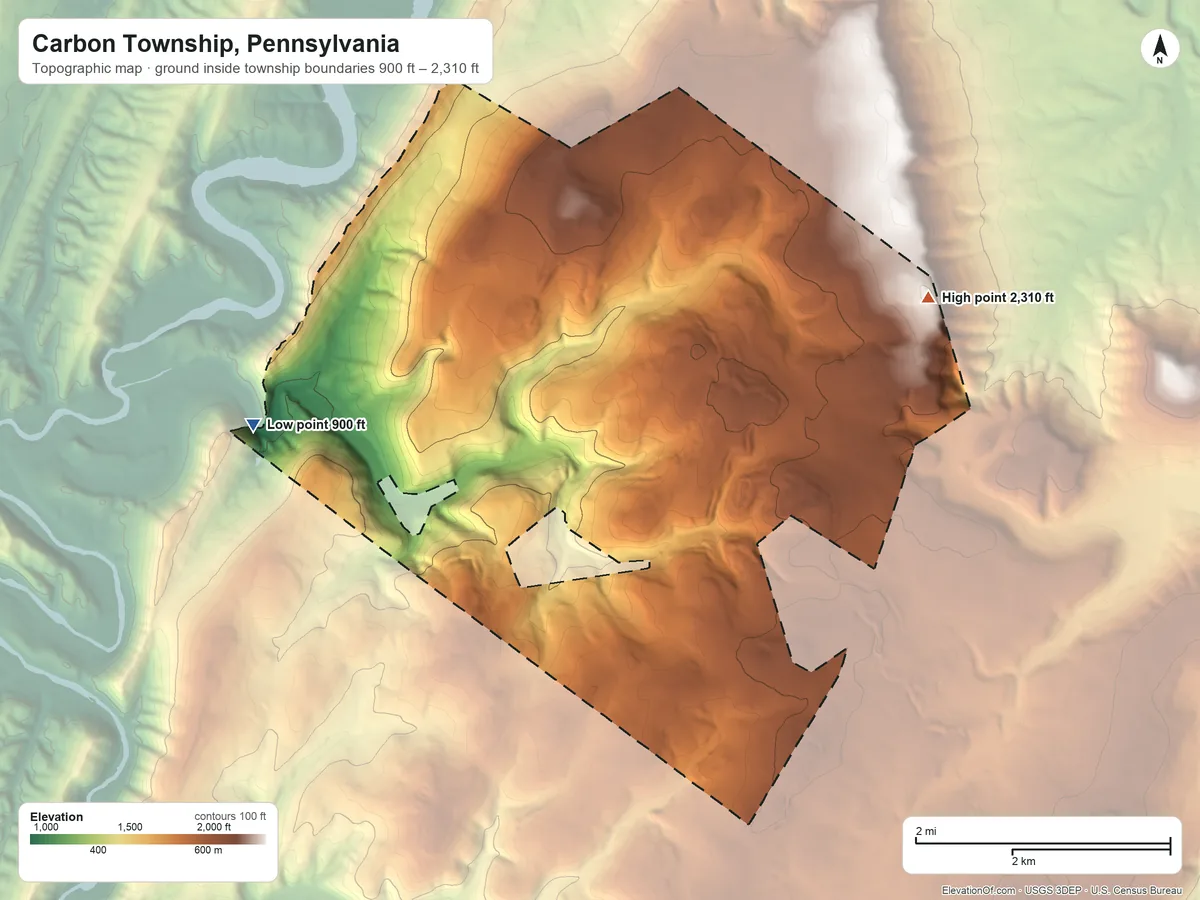 Topographic elevation map of Carbon Township, Pennsylvania, shaded from 900 ft on the west side to 2,310 ft on the east side