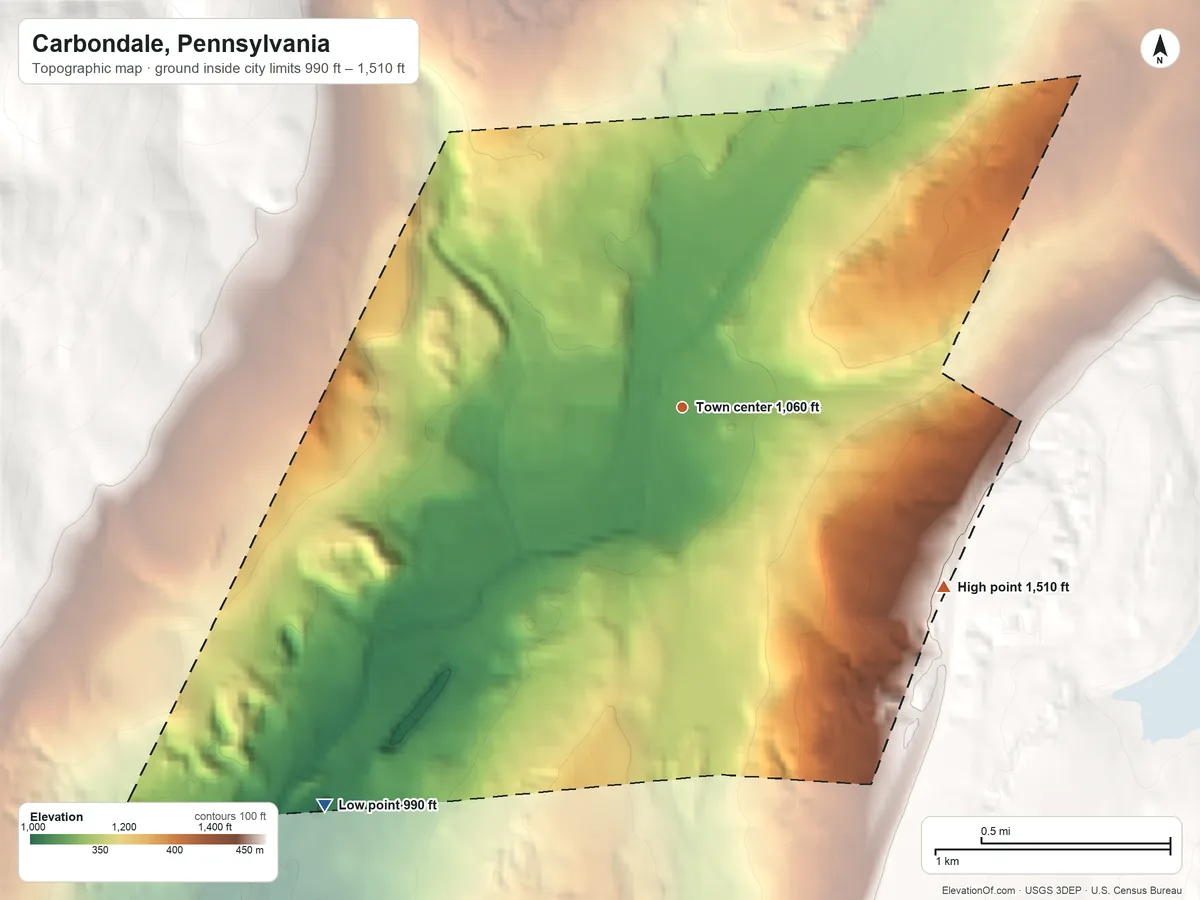 Topographic elevation map of Carbondale, Pennsylvania, shaded from 990 ft on the southwest side to 1,510 ft at the foot of the Moosic Mountains