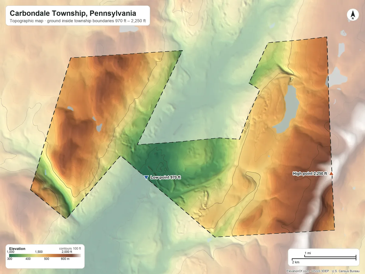 Topographic elevation map of Carbondale Township, Pennsylvania, shaded from 970 ft on the southwest side to 2,250 ft on the east edge, below higher ground just outside
