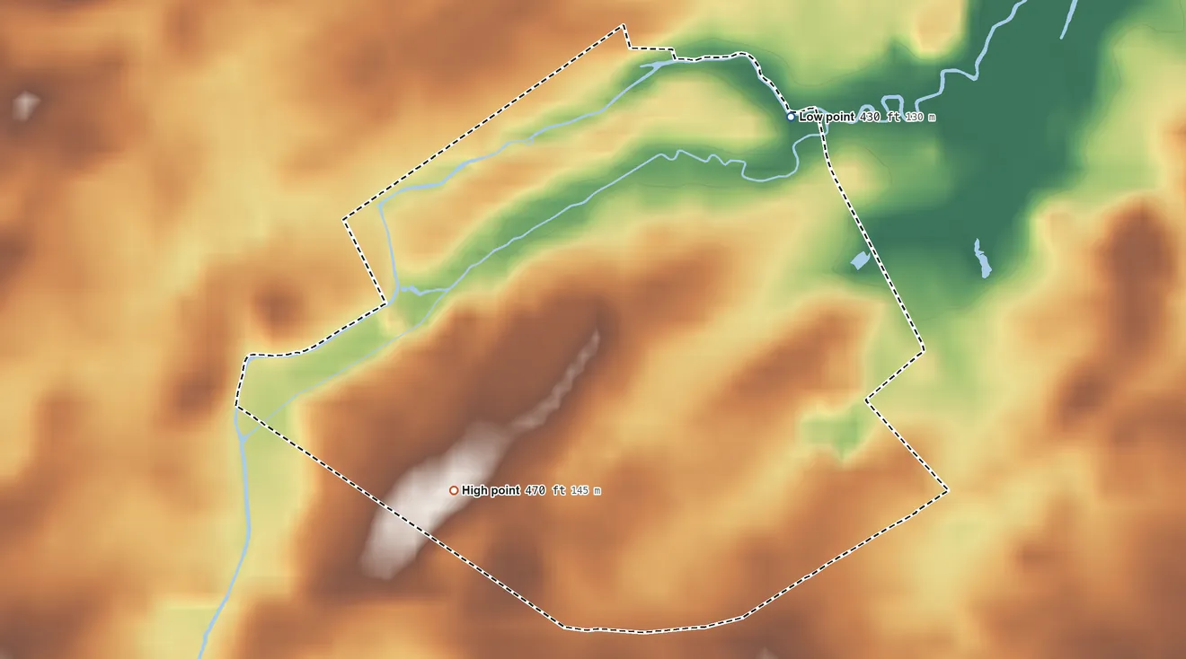 Topographic elevation map of Carlisle Barracks, Pennsylvania, shaded from 430 ft on the north side to 470 ft on the southwest side