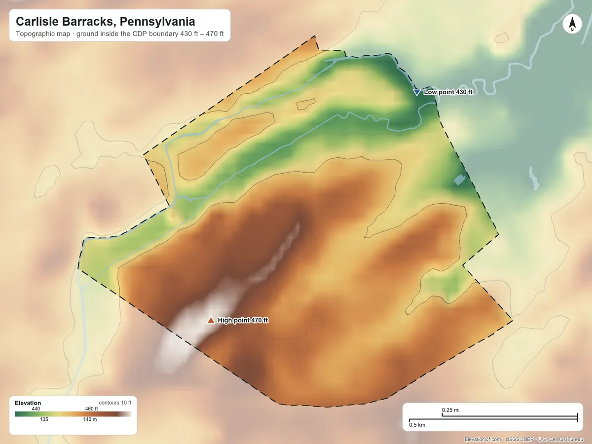 Topographic elevation map of Carlisle Barracks, Pennsylvania, shaded from 430 ft on the north side to 470 ft on the southwest side