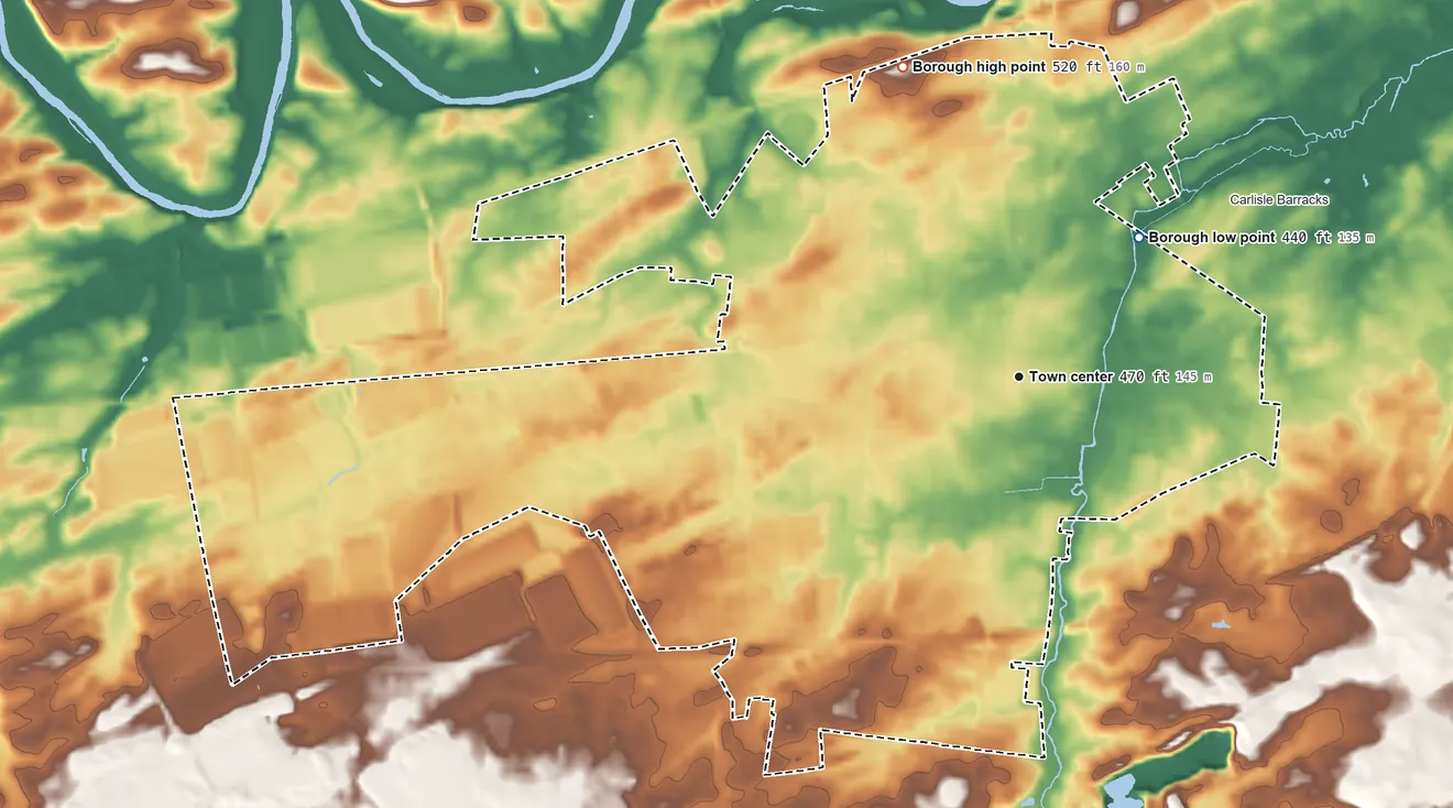 Topographic elevation map of Carlisle, Pennsylvania, shaded from 440 ft on the northeast side to 520 ft on the north side