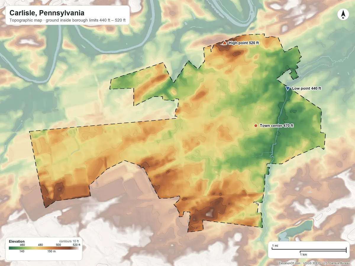 Topographic elevation map of Carlisle, Pennsylvania, shaded from 440 ft on the northeast side to 520 ft on the north side