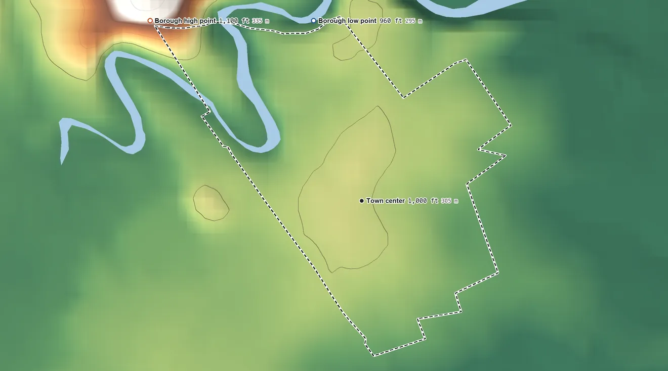 Topographic elevation map of Carmichaels, Pennsylvania, shaded from 960 ft on the north side to 1,100 ft on the northwest side