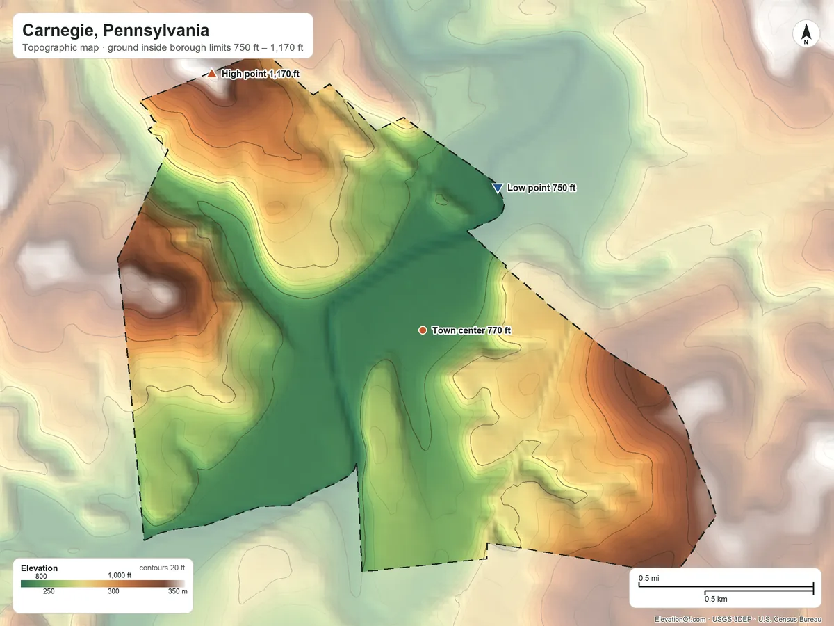 Topographic elevation map of Carnegie, Pennsylvania, shaded from 750 ft on the northeast side to 1,170 ft on the northwest side