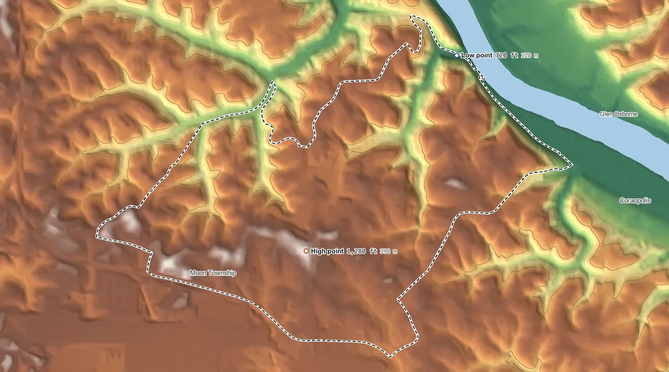 Topographic elevation map of Carnot-Moon, Pennsylvania, shaded from 720 ft on the northeast side to 1,280 ft on the southwest side