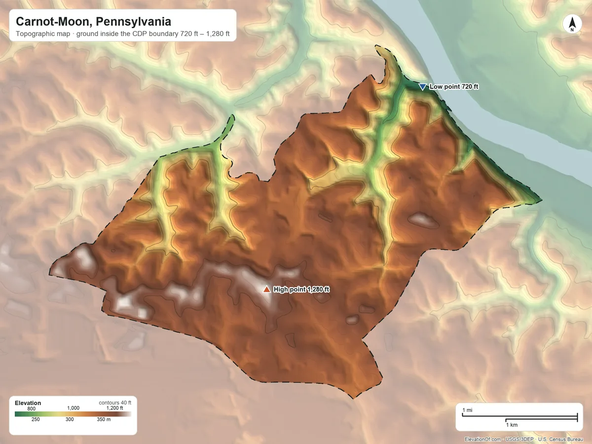 Topographic elevation map of Carnot-Moon, Pennsylvania, shaded from 720 ft on the northeast side to 1,280 ft on the southwest side