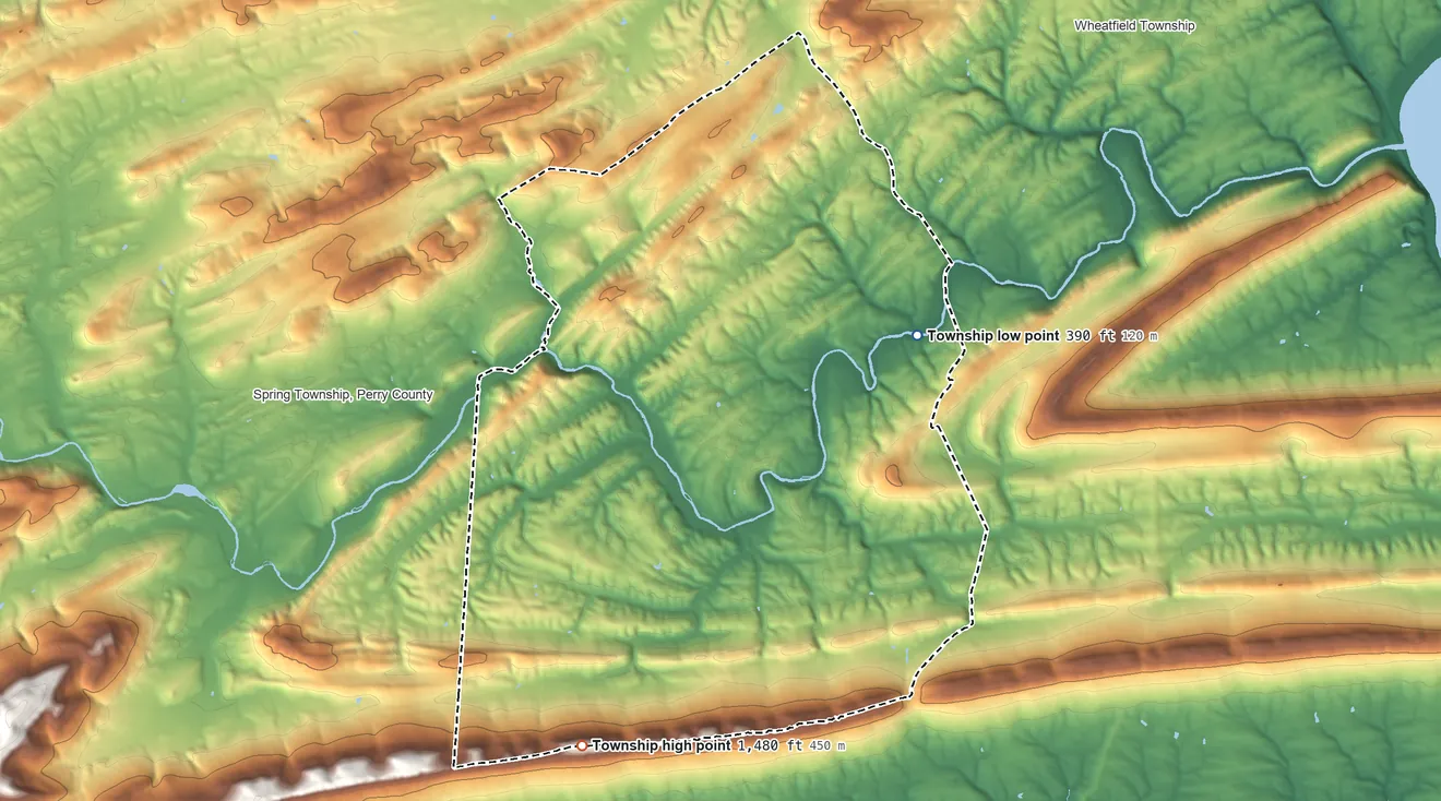 Topographic elevation map of Carroll Township, Perry County, Pennsylvania, shaded from 390 ft on the northeast side to 1,480 ft on the southwest side