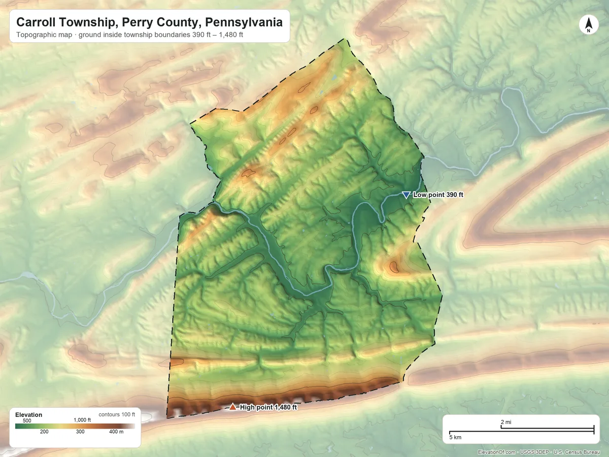 Topographic elevation map of Carroll Township, Perry County, Pennsylvania, shaded from 390 ft on the northeast side to 1,480 ft on the southwest side