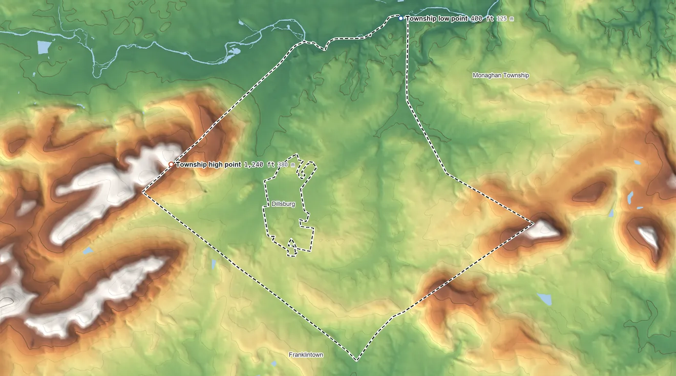 Topographic elevation map of Carroll Township, Pennsylvania, shaded from 400 ft on the northeast side to 1,240 ft on the west side