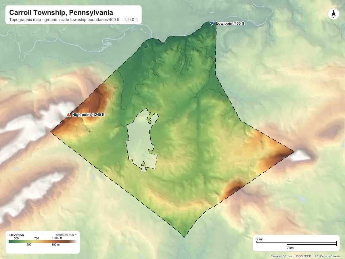 Topographic elevation map of Carroll Township, Pennsylvania, shaded from 400 ft on the northeast side to 1,240 ft on the west side