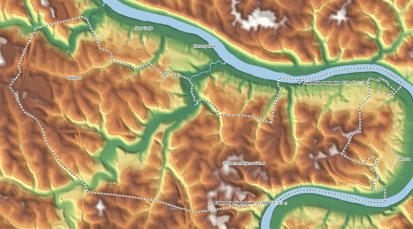 Topographic elevation map of Carroll Township, Washington County, Pennsylvania, shaded from 720 ft on the northeast side to 1,260 ft on the south side