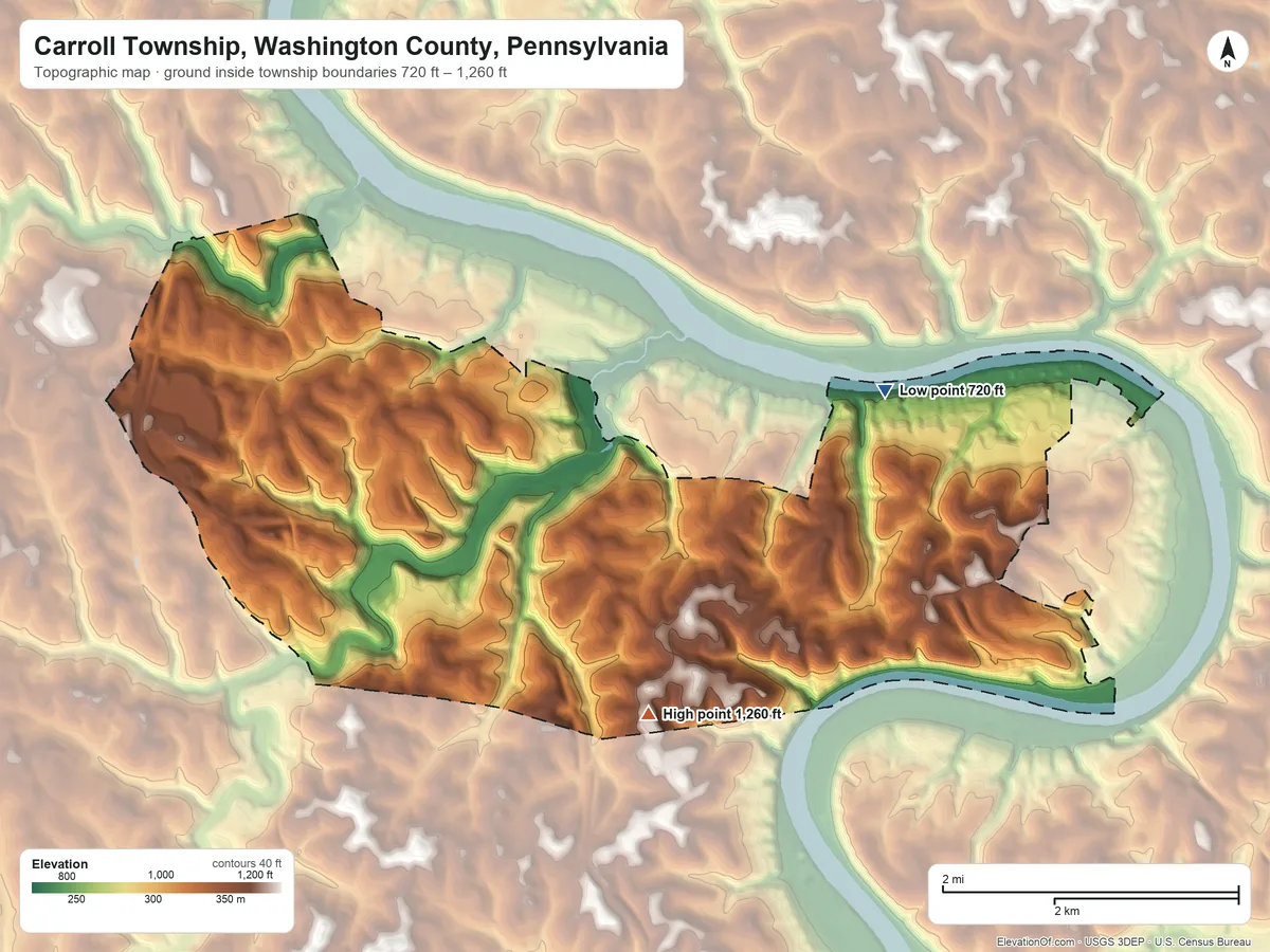 Topographic elevation map of Carroll Township, Washington County, Pennsylvania, shaded from 720 ft on the northeast side to 1,260 ft on the south side