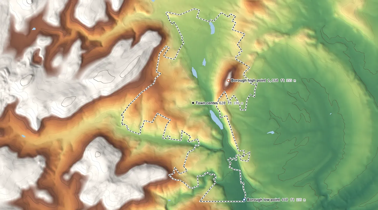 Topographic elevation map of Carroll Valley, Pennsylvania, shaded from 440 ft on the southeast side to 1,160 ft on Mc Kee Hill