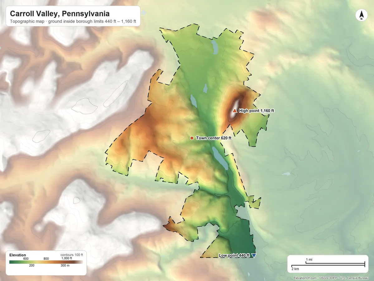 Topographic elevation map of Carroll Valley, Pennsylvania, shaded from 440 ft on the southeast side to 1,160 ft on Mc Kee Hill