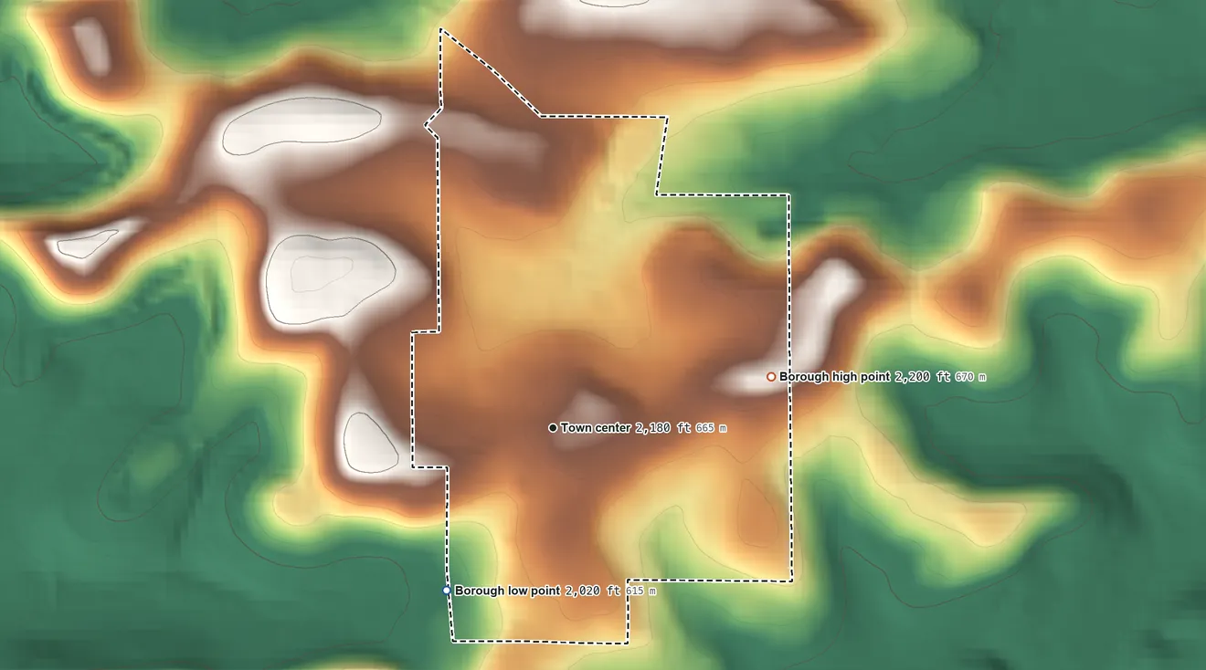 Topographic elevation map of Carrolltown, Pennsylvania, shaded from 2,020 ft on the southwest side to 2,200 ft on the east side
