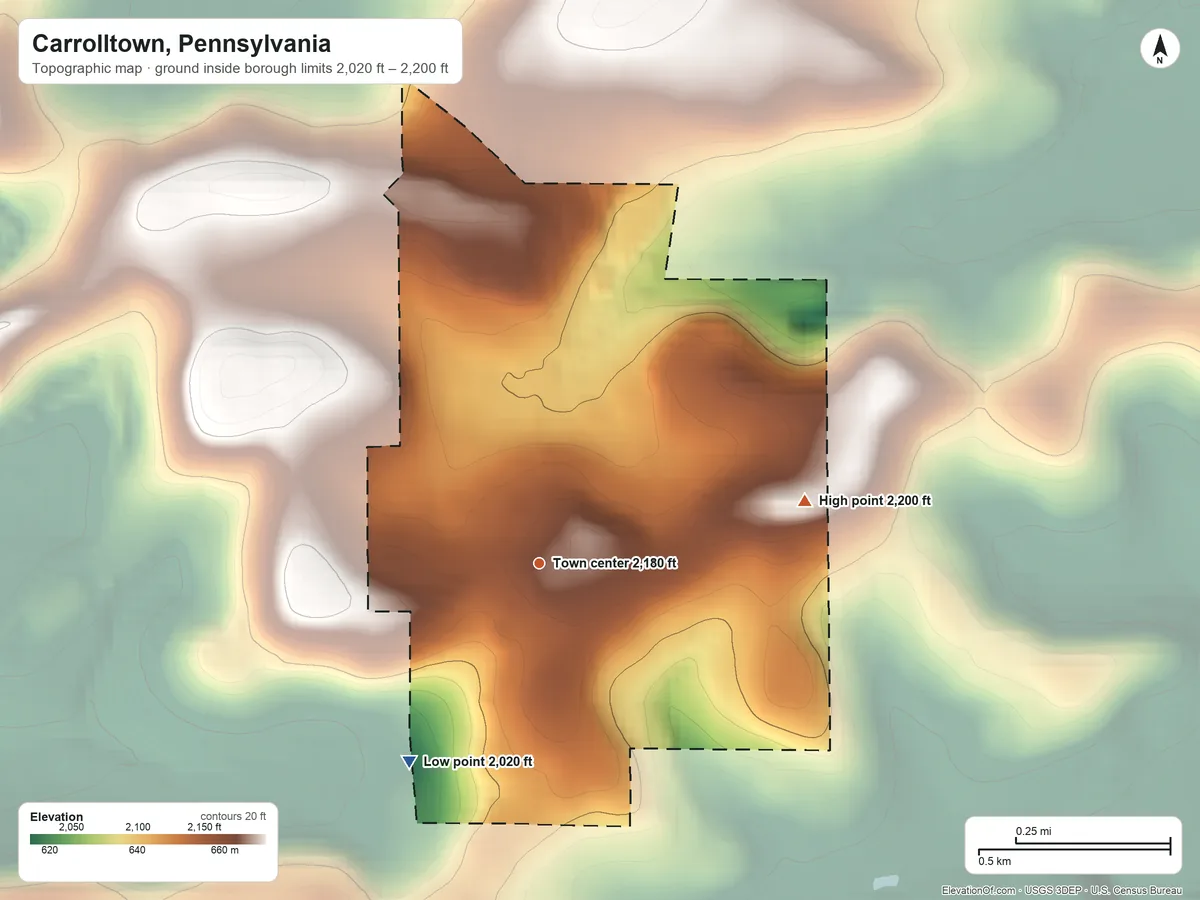 Topographic elevation map of Carrolltown, Pennsylvania, shaded from 2,020 ft on the southwest side to 2,200 ft on the east side