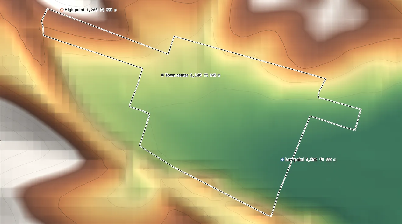 Topographic elevation map of Carson Valley, Pennsylvania, shaded from 1,090 ft on the southeast side to 1,260 ft on the northwest edge, below higher ground just outside