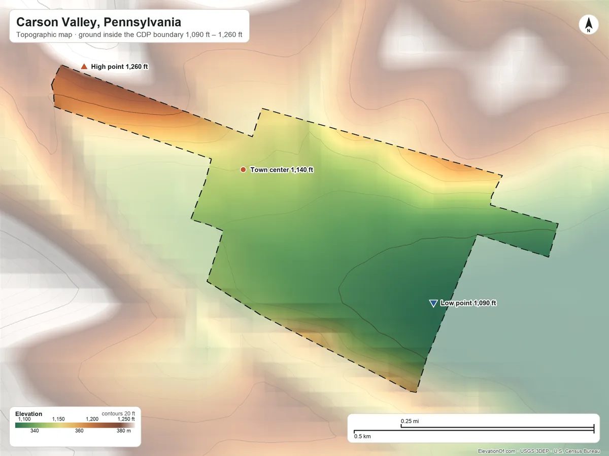 Topographic elevation map of Carson Valley, Pennsylvania, shaded from 1,090 ft on the southeast side to 1,260 ft on the northwest edge, below higher ground just outside