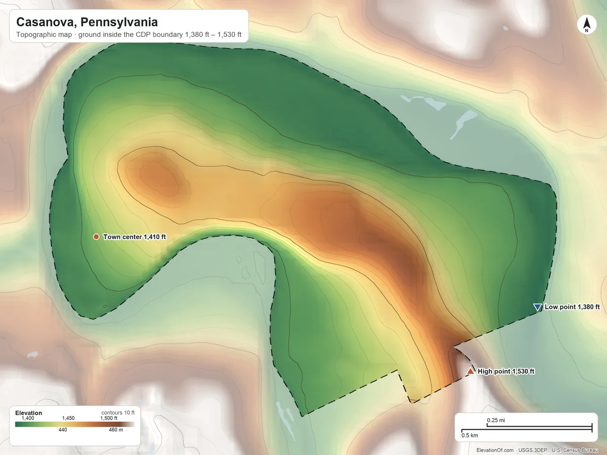 Topographic elevation map of Casanova, Pennsylvania, shaded from 1,380 ft on the east side to 1,530 ft on the east side