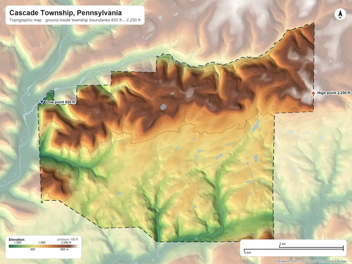 Topographic elevation map of Cascade Township, Pennsylvania, shaded from 820 ft on the northwest side to 2,250 ft on the northeast side
