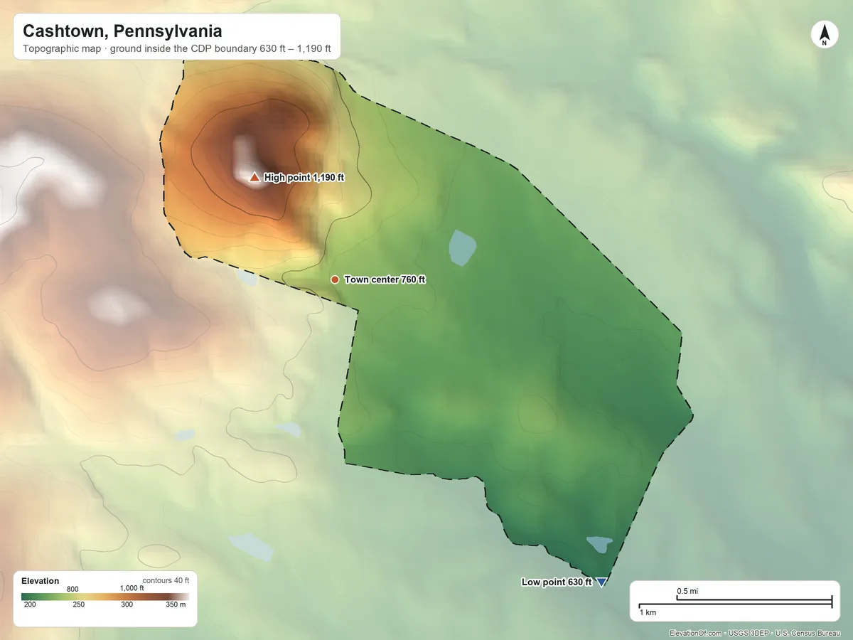 Topographic elevation map of Cashtown, Pennsylvania, shaded from 630 ft on the southeast side to 1,190 ft on Rock Top