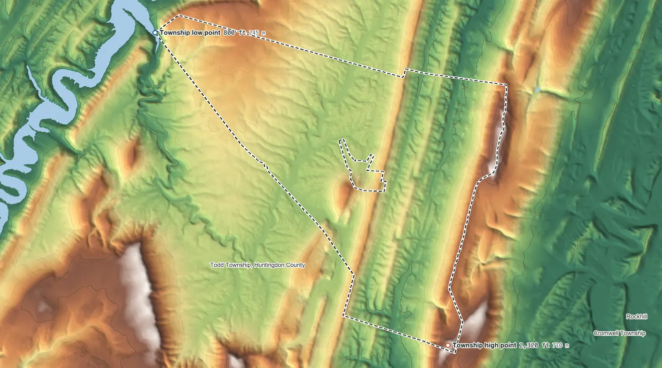 Topographic elevation map of Cass Township, Huntingdon County, Pennsylvania, shaded from 800 ft on the northwest side to 2,320 ft on the south side