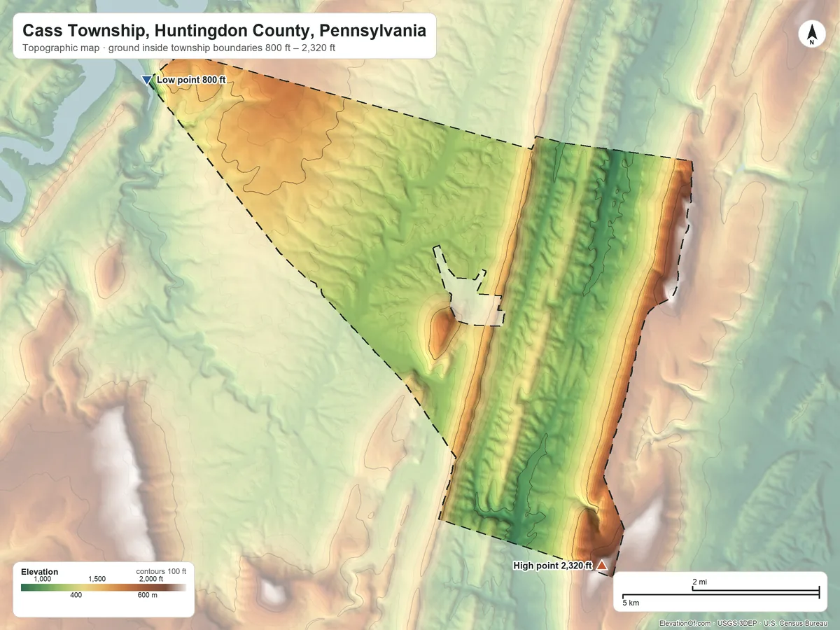 Topographic elevation map of Cass Township, Huntingdon County, Pennsylvania, shaded from 800 ft on the northwest side to 2,320 ft on the south side