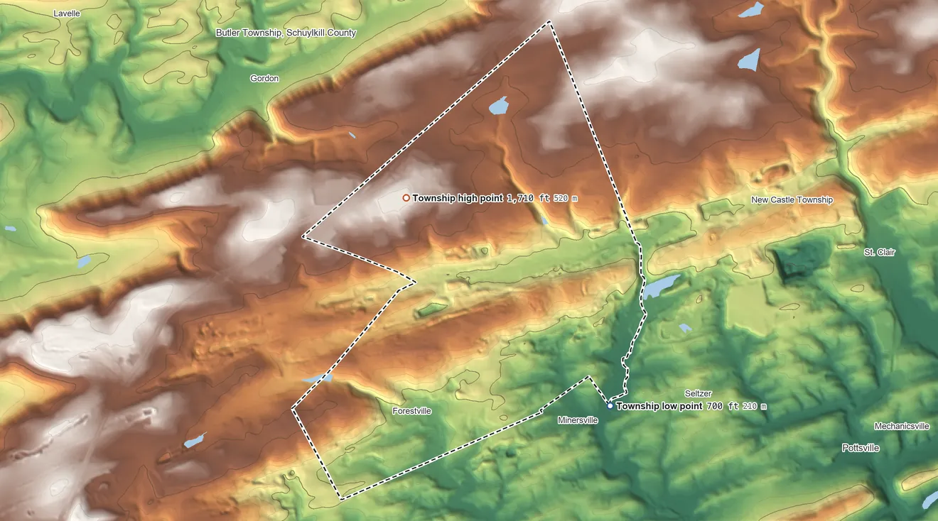 Topographic elevation map of Cass Township, Pennsylvania, shaded from 700 ft on the east side to 1,710 ft on the northwest side