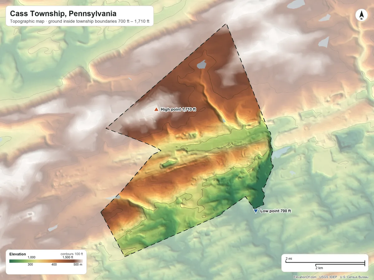Topographic elevation map of Cass Township, Pennsylvania, shaded from 700 ft on the east side to 1,710 ft on the northwest side