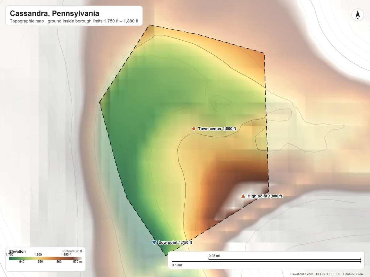 Topographic elevation map of Cassandra, Pennsylvania, shaded from 1,750 ft on the south side to 1,880 ft on the southeast edge, below higher ground just outside