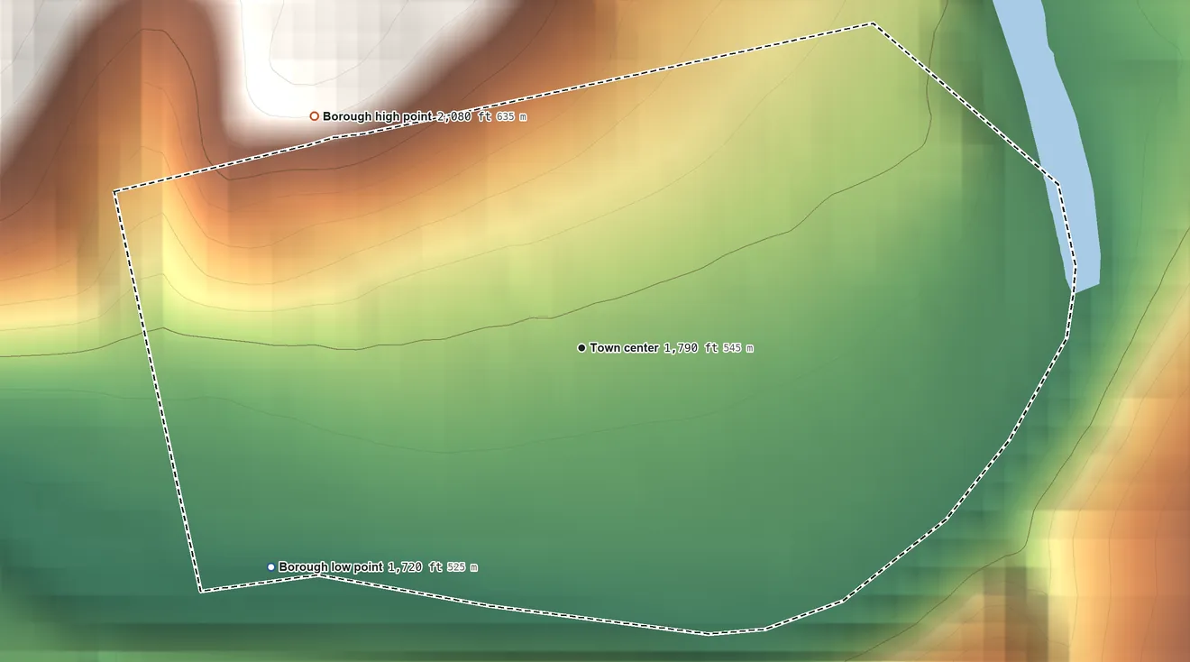 Topographic elevation map of Casselman, Pennsylvania, shaded from 1,720 ft on the southwest side to 2,080 ft on the northwest side