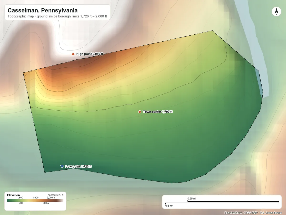 Topographic elevation map of Casselman, Pennsylvania, shaded from 1,720 ft on the southwest side to 2,080 ft on the northwest side
