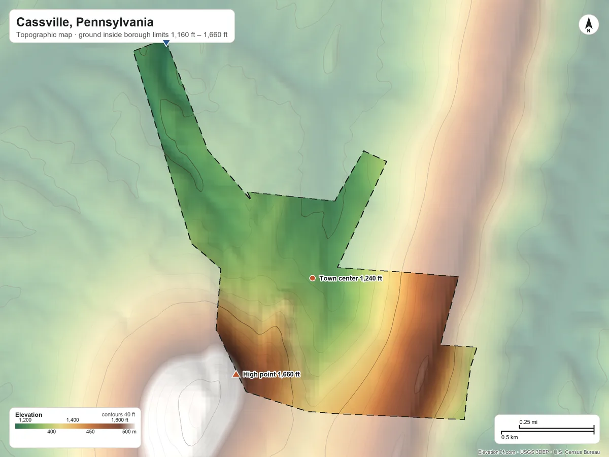 Topographic elevation map of Cassville, Pennsylvania, shaded from 1,160 ft on the northwest side to 1,660 ft on the southwest edge, below higher ground just outside