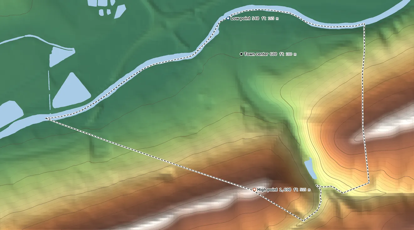 Topographic elevation map of Castanea, Pennsylvania, shaded from 540 ft near the middle to 1,690 ft on the south side