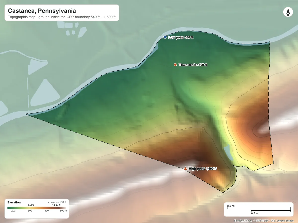 Topographic elevation map of Castanea, Pennsylvania, shaded from 540 ft near the middle to 1,690 ft on the south side
