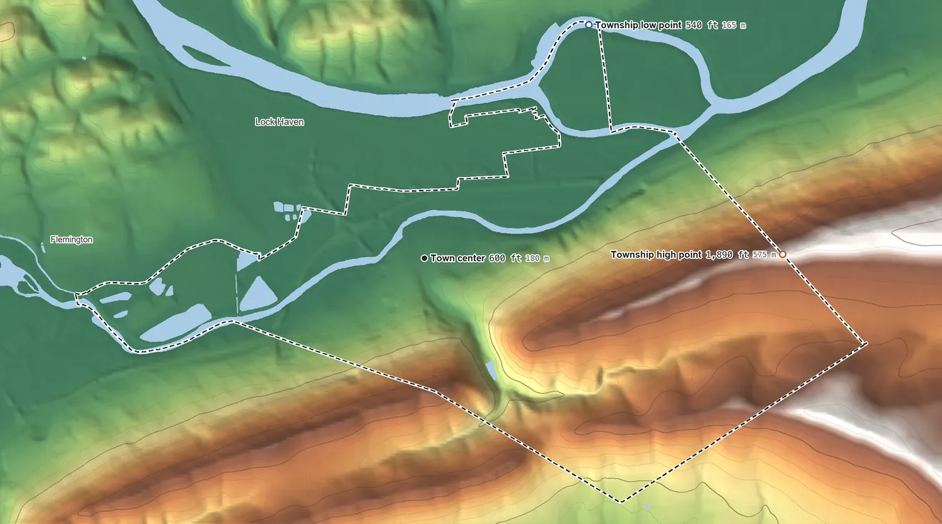Topographic elevation map of Castanea Township, Pennsylvania, shaded from 540 ft on the northeast side to 1,890 ft on the east side