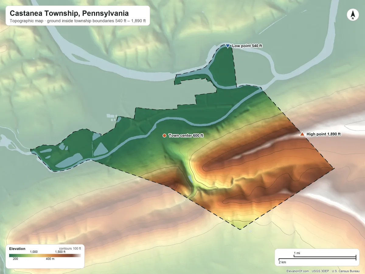 Topographic elevation map of Castanea Township, Pennsylvania, shaded from 540 ft on the northeast side to 1,890 ft on the east side